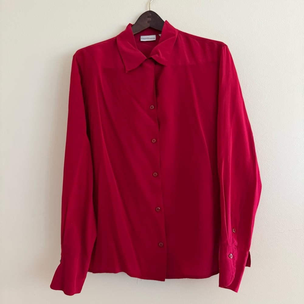 First Issue Women's Festive Red 100% Silk Blouse/Button Down Size L